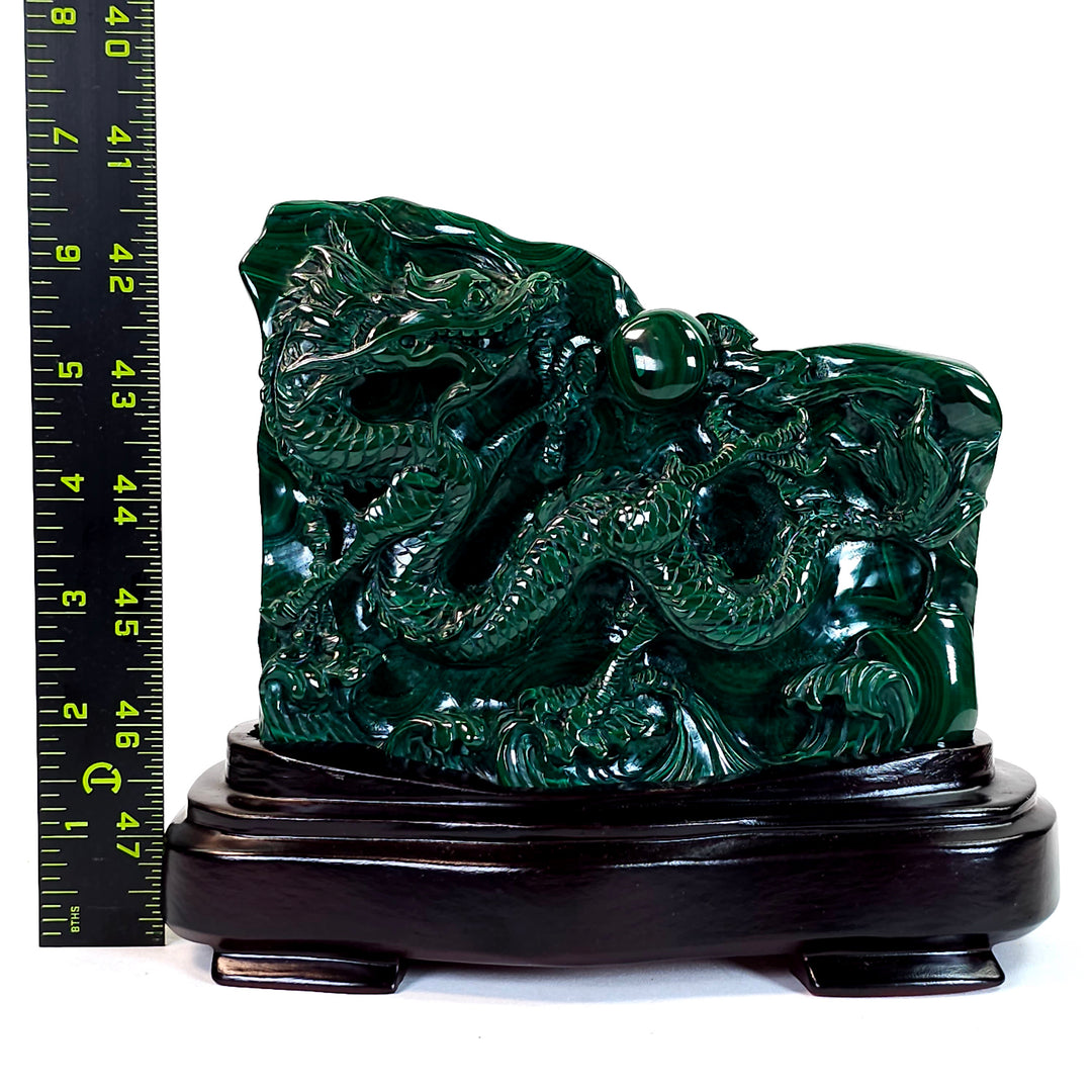 Malachite Dragon Crystal With Chrysocolla On Wood Stand! Green Chinese Dragon Sculpture Statue!
