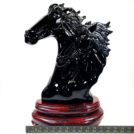 Black Horse Head Sculpture Large 54 Lbs! Rare Obsidian Crystal Carved Horse Statue, Black Stallion Equestrian Decor!