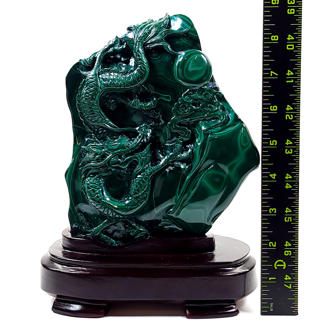 Malachite Chrysocolla Dragon Carving On Wood Stand! Beautiful Green Chinese Dragon Sculpture Statue!