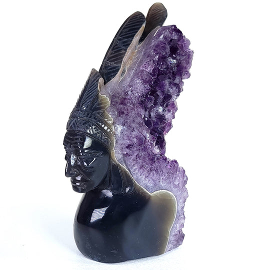 Native American Indian Chief Carving 9" Natural Blue Agate Amethyst Geode Crystal