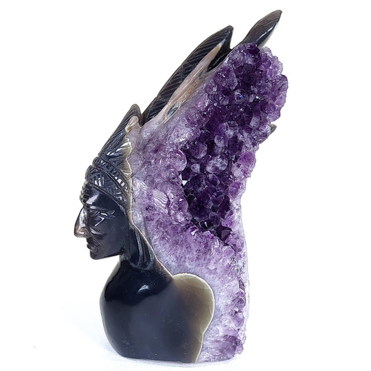 Native American Indian Chief Carving 9" Natural Blue Agate Amethyst Geode Crystal