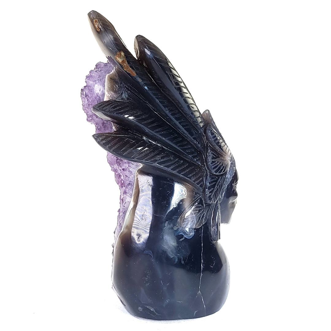 Native American Indian Chief Carving 9" Natural Blue Agate Amethyst Geode Crystal