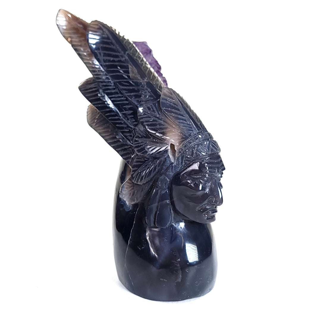 Native American Indian Chief Carving 9" Natural Blue Agate Amethyst Geode Crystal