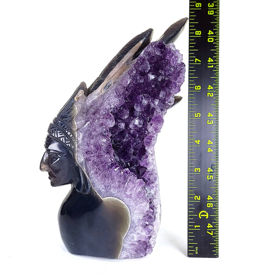 Native American Indian Chief Carving 9" Natural Blue Agate Amethyst Geode Crystal