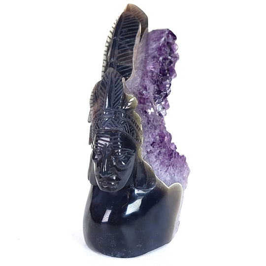 Native American Indian Chief Carving 9" Natural Blue Agate Amethyst Geode Crystal