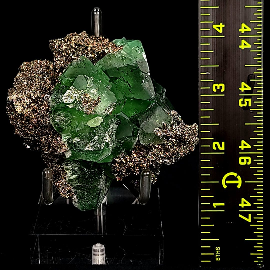 Green Octahedral Fluorite Crystal With Pyritohedron Pyrite Stone And Sphalerite Large Cabinet 3.5" Mineral Specimen