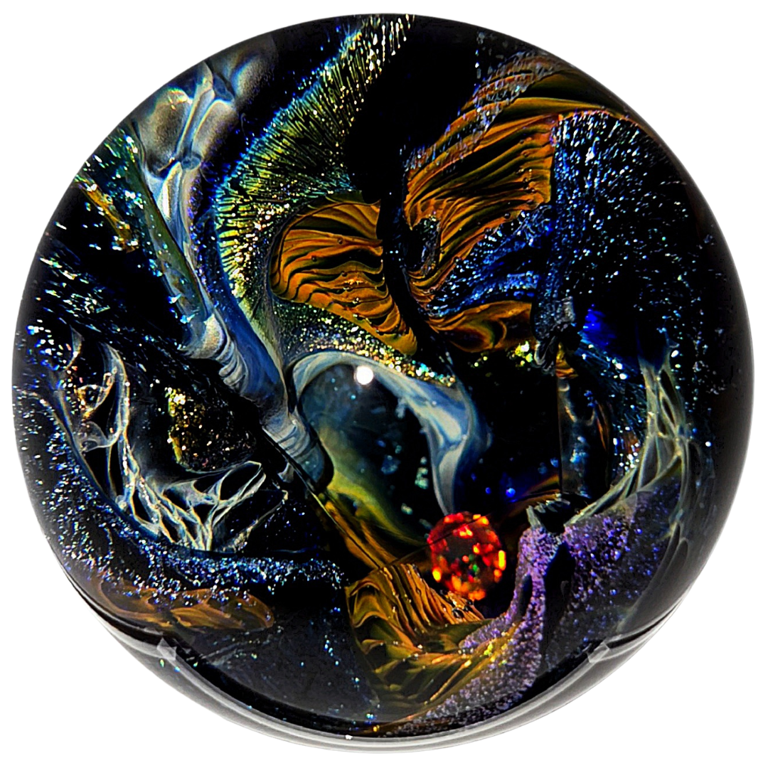 Glass Cosmic Sphere With Opal, Large Hand - Blown Glass Office Decor, Vortex Galaxy Orb - Earth Perfection