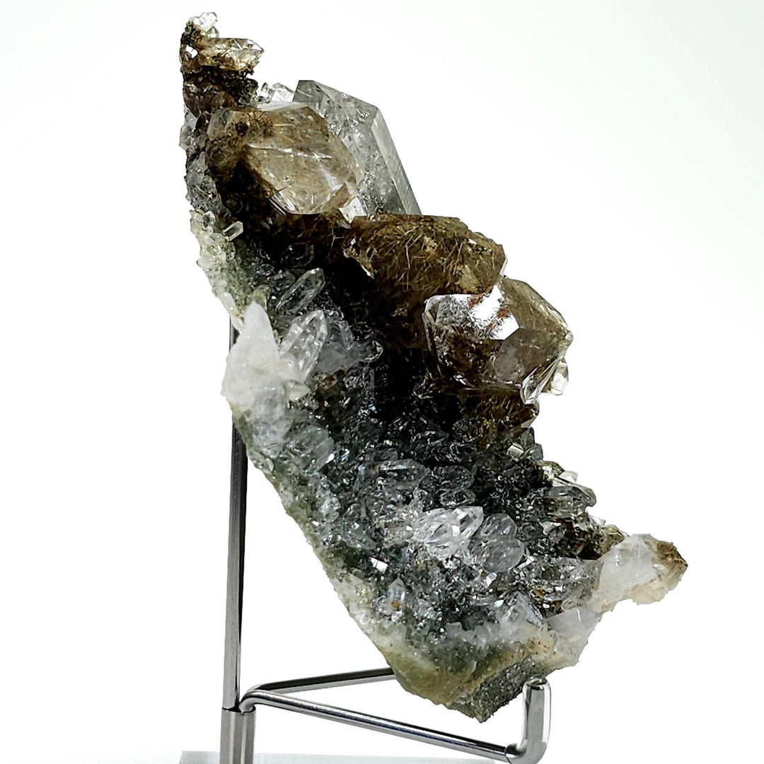 Gold Rutilated Himalayan Quartz Crystal Cluster, Green Chlorite Skeletal Quartz Floater Mineral Specimen - Earth Perfection