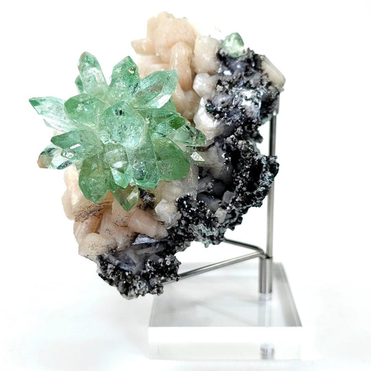Green Apophyllite Fluorapophyllite Flower & Peach Stilbite, Rare Crystal Cluster Mineral Specimen - Earth Perfection