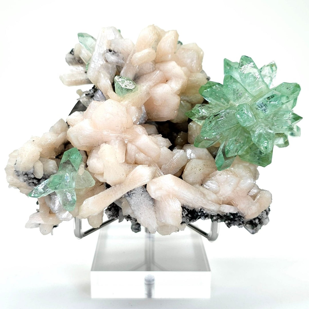 Green Apophyllite Fluorapophyllite Flower & Peach Stilbite, Rare Crystal Cluster Mineral Specimen - Earth Perfection