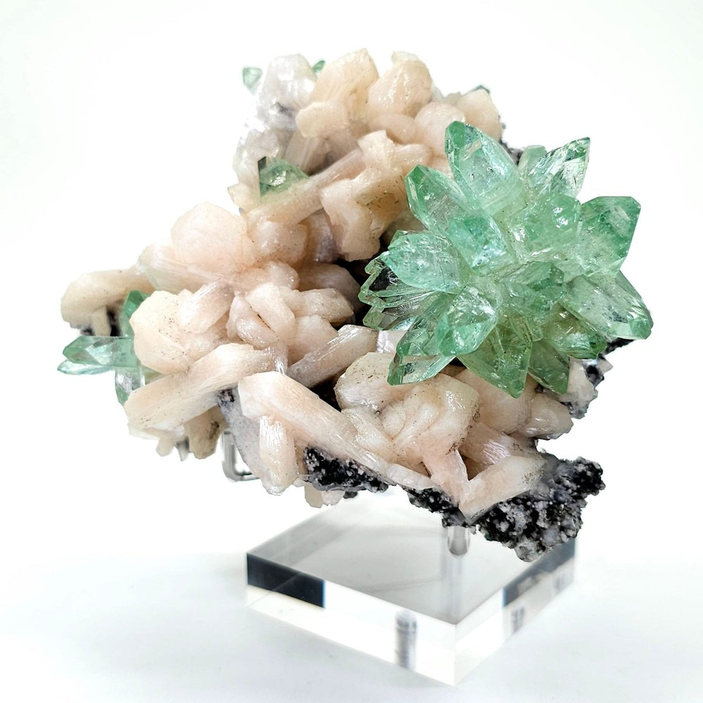 Green Apophyllite Fluorapophyllite Flower & Peach Stilbite, Rare Crystal Cluster Mineral Specimen - Earth Perfection