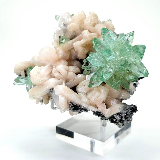 Green Apophyllite Fluorapophyllite Flower & Peach Stilbite, Rare Crystal Cluster Mineral Specimen - Earth Perfection