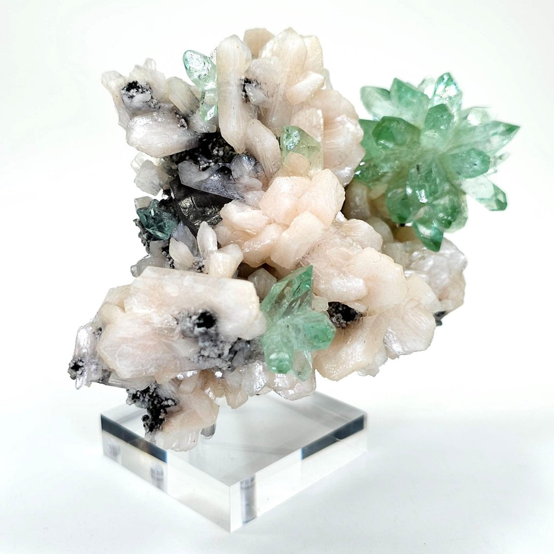 Green Apophyllite Fluorapophyllite Flower & Peach Stilbite, Rare Crystal Cluster Mineral Specimen - Earth Perfection