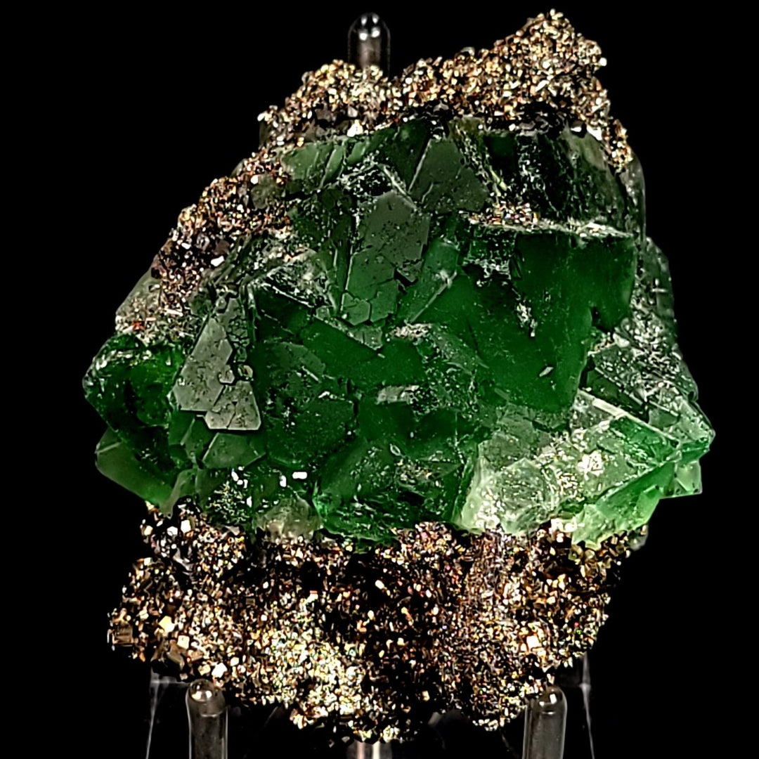 Green Octahedral Fluorite Crystal With Pyritohedron Pyrite Stone And Sphalerite Large Cabinet 3.5" Mineral Specimen - Earth Perfection