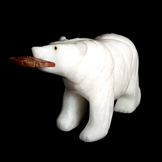 Large Bear Carving, White Crystal Sculpture, Bear With Fish Figurine - Earth Perfection