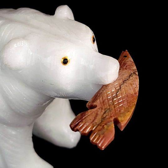 Large Bear Carving, White Crystal Sculpture, Bear With Fish Figurine - Earth Perfection