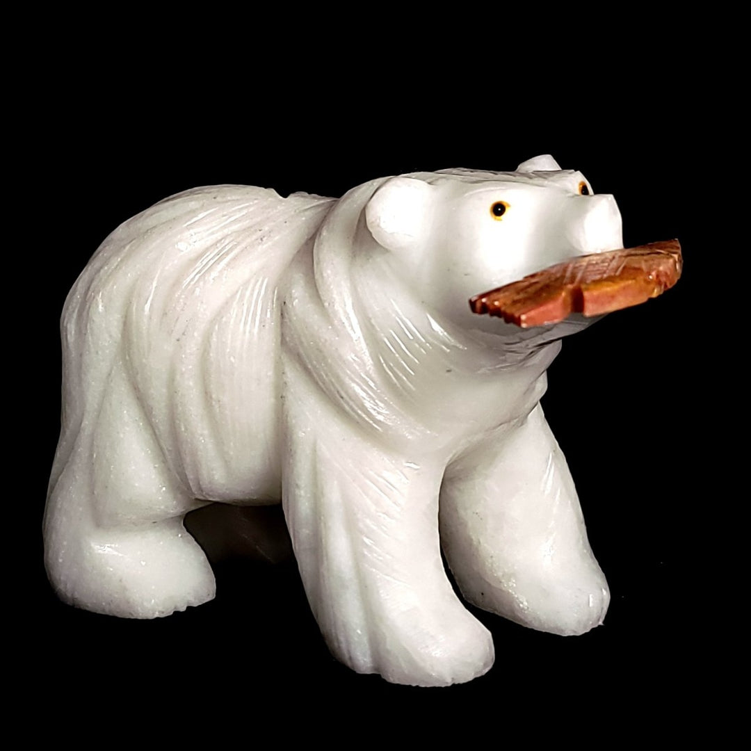 Large Bear Carving, White Crystal Sculpture, Bear With Fish Figurine - Earth Perfection