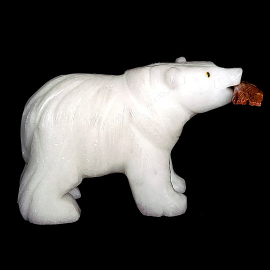 Large Bear Carving, White Crystal Sculpture, Bear With Fish Figurine - Earth Perfection