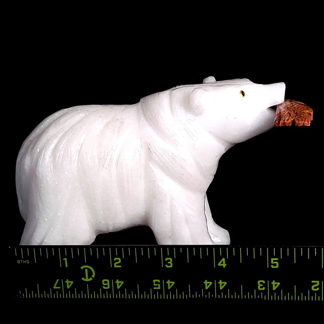 Large Bear Carving, White Crystal Sculpture, Bear With Fish Figurine - Earth Perfection
