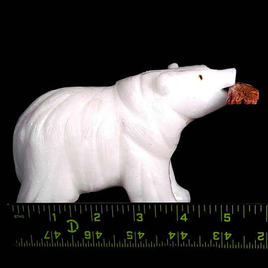 Large Bear Carving, White Crystal Sculpture, Bear With Fish Figurine - Earth Perfection