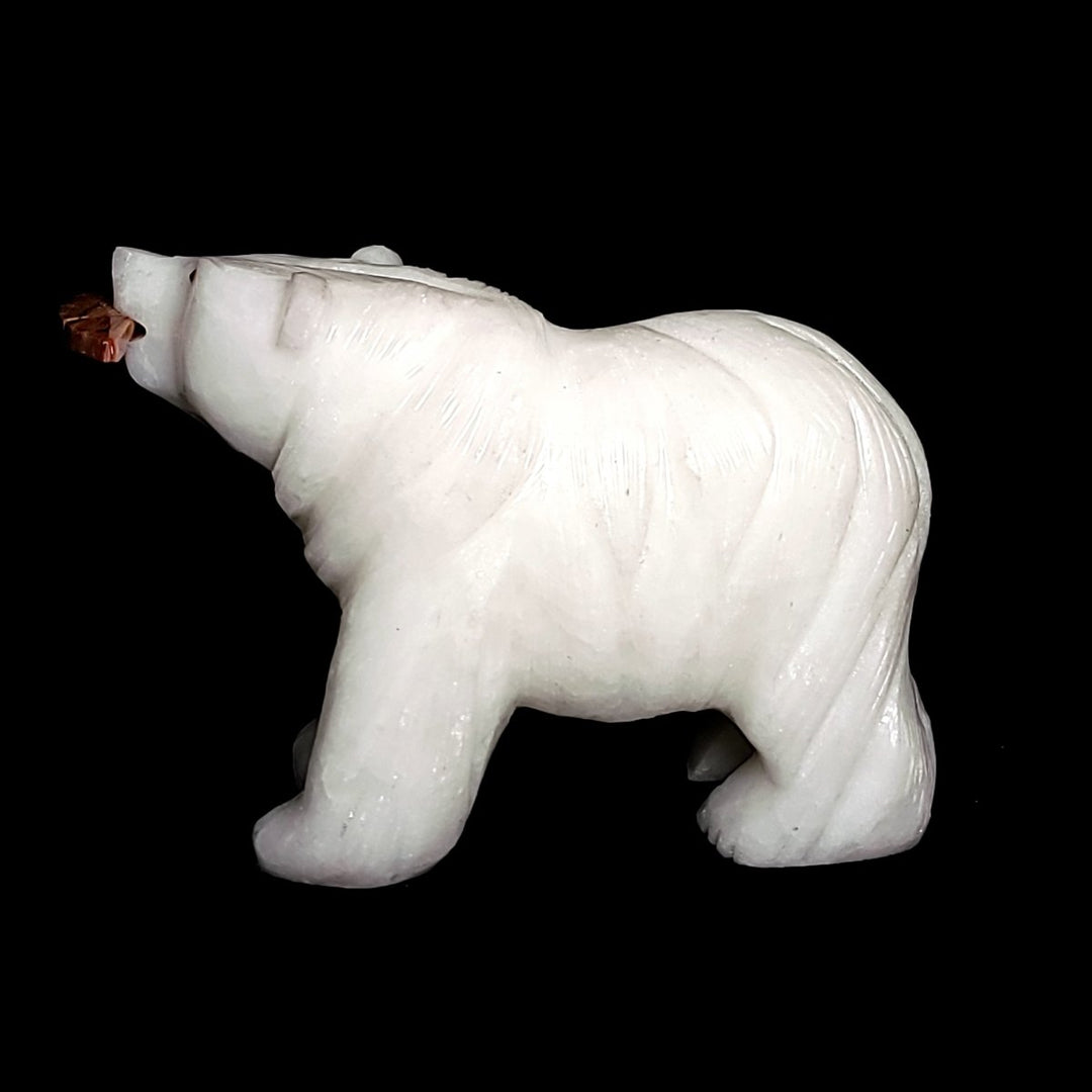 Large Bear Carving, White Crystal Sculpture, Bear With Fish Figurine - Earth Perfection