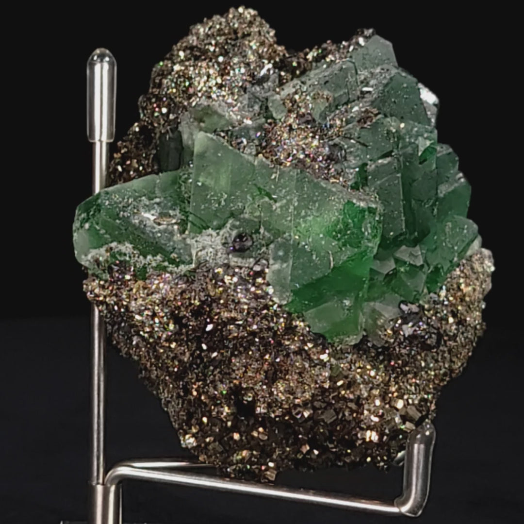 Green Octahedral Fluorite Crystal With Pyritohedron Pyrite Stone And Sphalerite Large Cabinet 3.5" Mineral Specimen