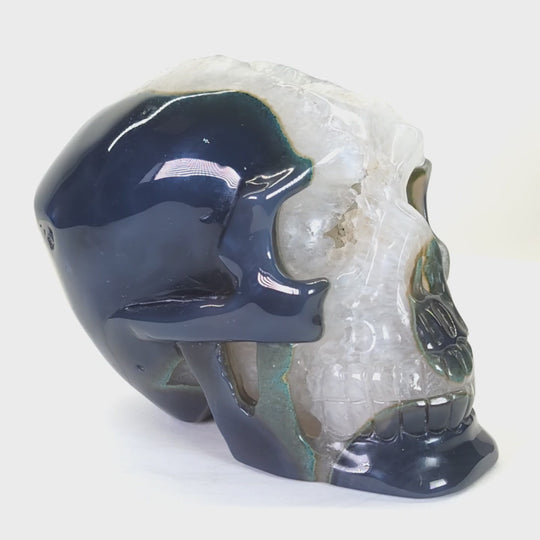 Blue Agate & Quartz Crystal Skull, Large 7 Lbs! Dia De Los Muertos Gothic Skull Decor, Gemstone Crystal Skull!