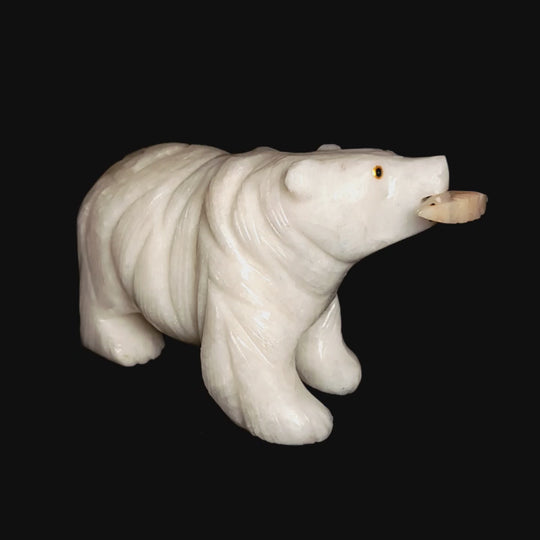 White Bear Crystal Sculpture, Stone Bear Fish Carving, Bear Figurine Cabin Home Decor