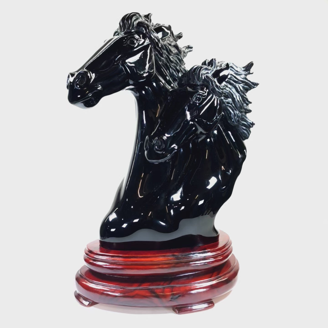 Black Horse Head Sculpture Large 54 Lbs! Rare Obsidian Crystal Carved Horse Statue, Black Stallion Equestrian Decor!