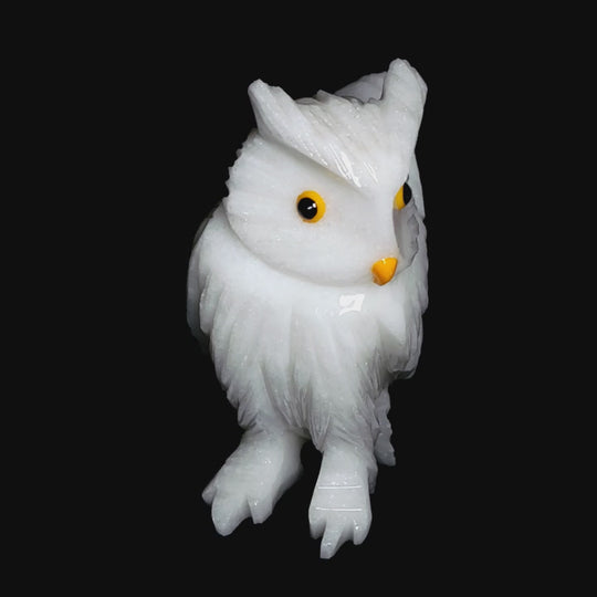 White Snowy Owl Carving With Open Wing, Gemstone Owl Crystal Art