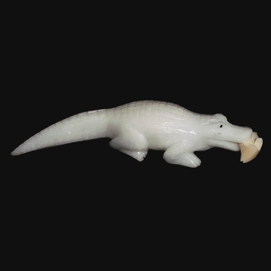 Alligator Sculpture, White Calcite Crocodile Figurine, Crystal Gift Decor