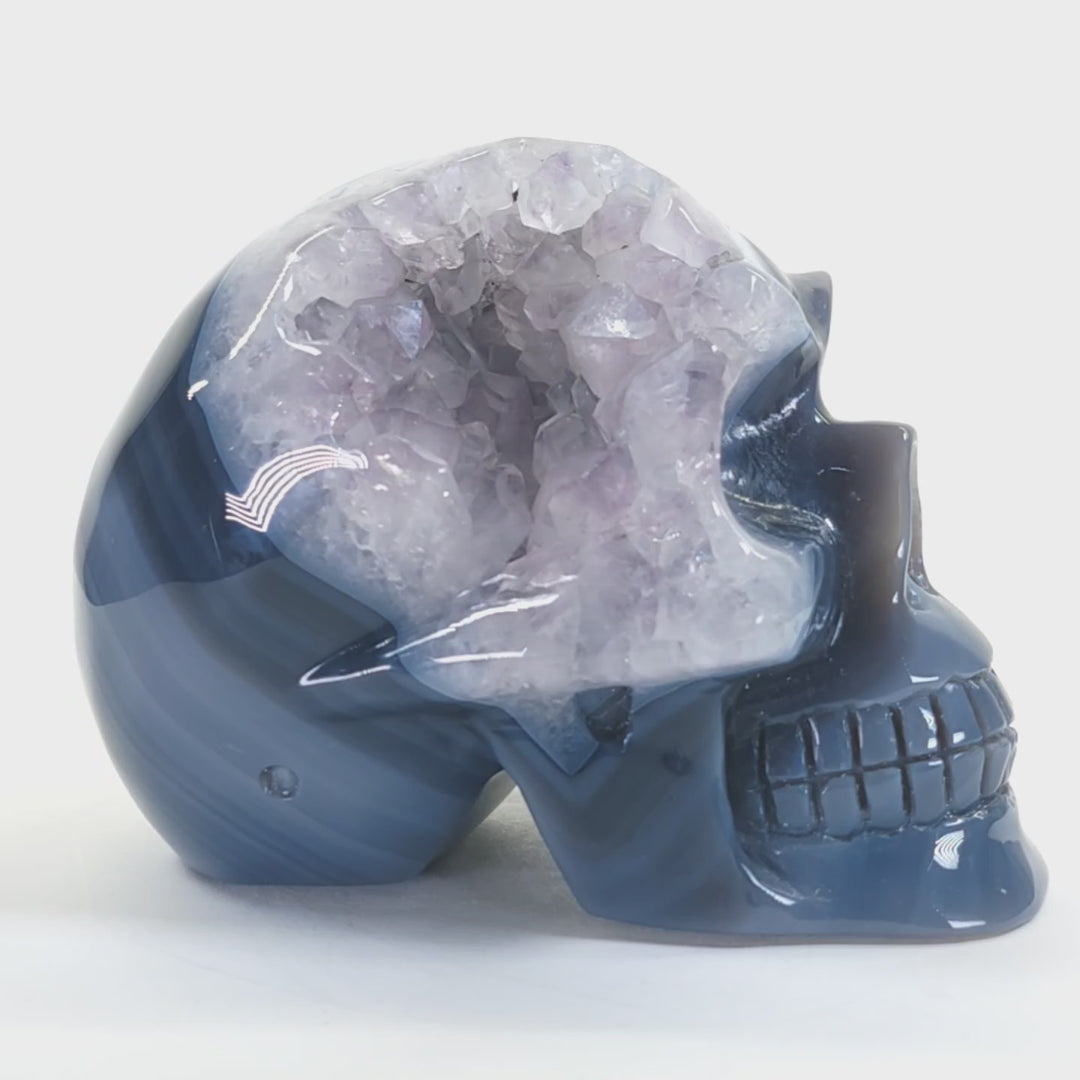 Blue Agate & Amethyst Gemstone Crystal Skull, Large Carved Crystal Skull Head, Gothic Skull Decor