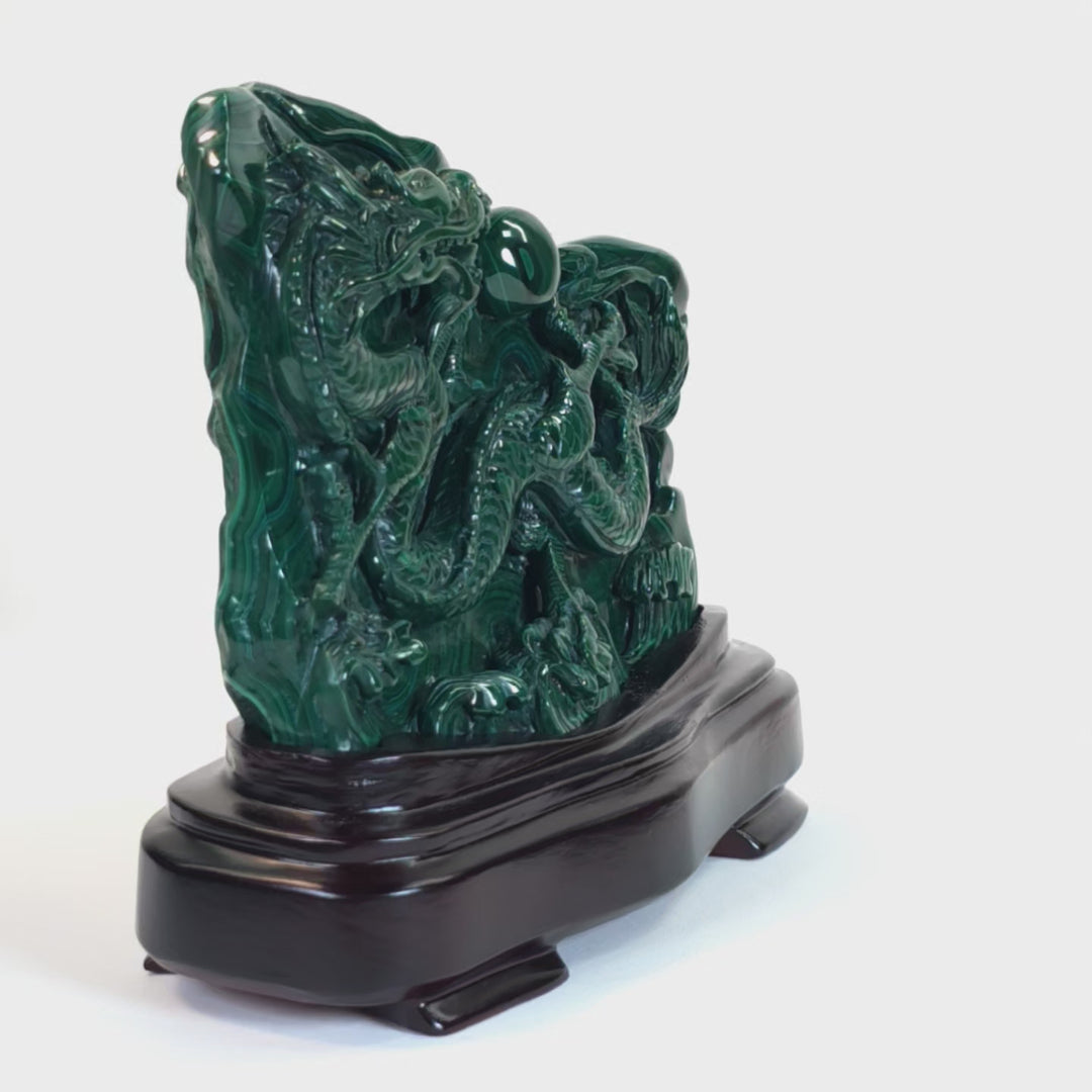 Malachite Dragon Crystal With Chrysocolla On Wood Stand! Green Chinese Dragon Sculpture Statue!