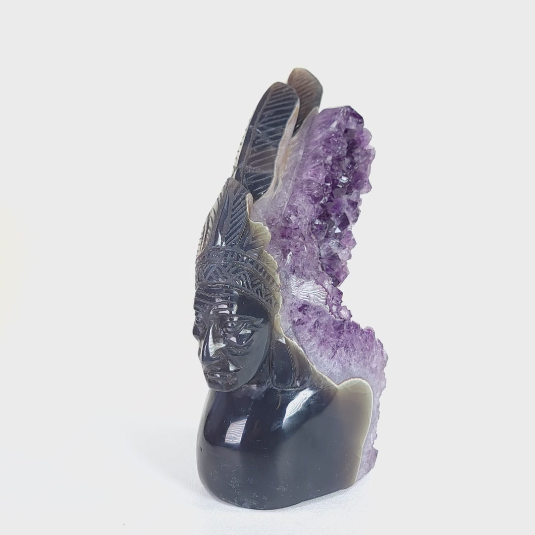 Native American Indian Chief Carving 9" Natural Blue Agate Amethyst Geode Crystal