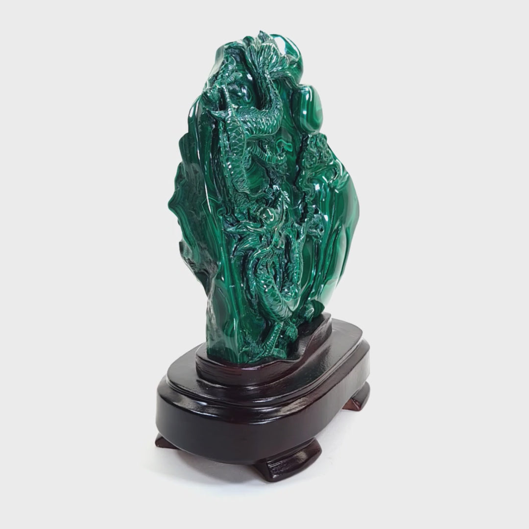 Malachite Chrysocolla Dragon Carving On Wood Stand! Beautiful Green Chinese Dragon Sculpture Statue!