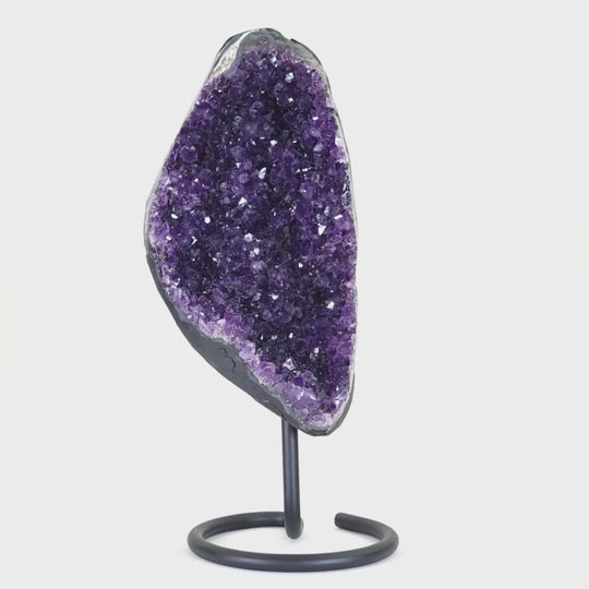 Amethyst Geode Crystal On Metal Stand, Stunning Rich Purple Healing Crystal Home Decor Gift!