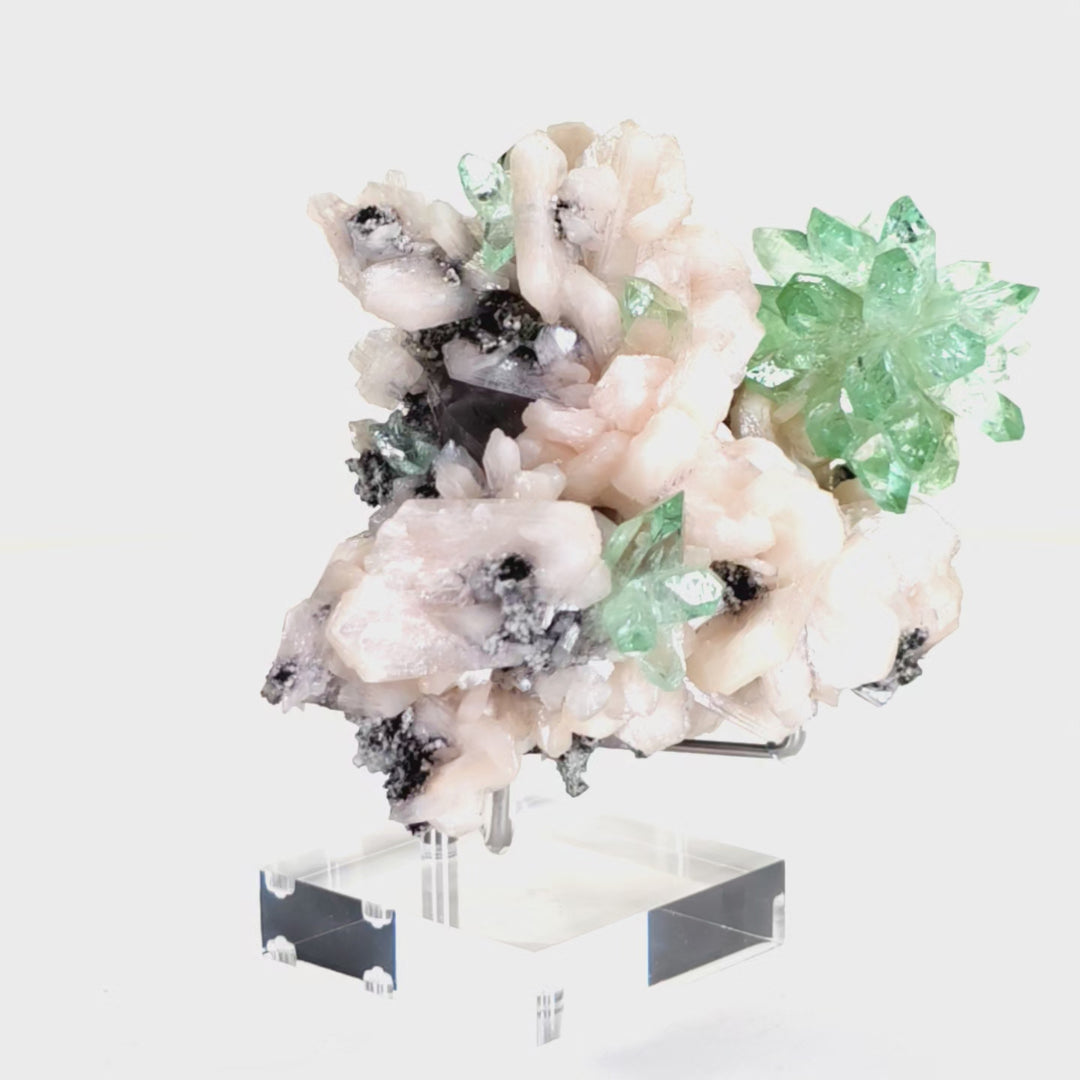 Green Apophyllite Fluorapophyllite Flower & Peach Stilbite, Rare Crystal Cluster Mineral Specimen