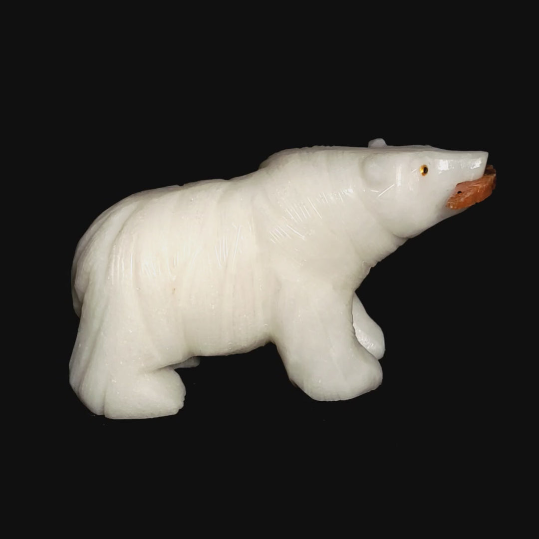 White Bear Crystal Sculpture, Stone Bear Fish Carving, Bear Decor Figurine