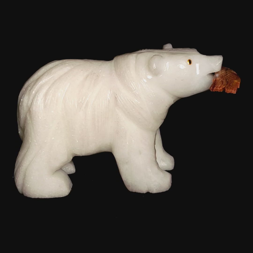 Large Bear Carving, White Crystal Sculpture, Bear With Fish Figurine