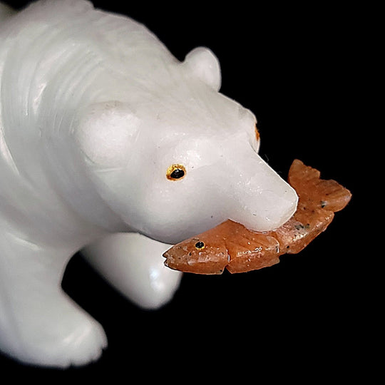 White Bear Crystal Sculpture, Stone Bear Fish Carving, Bear Decor Figurine - Earth Perfection