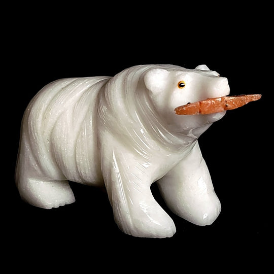 White Bear Crystal Sculpture, Stone Bear Fish Carving, Bear Decor Figurine - Earth Perfection