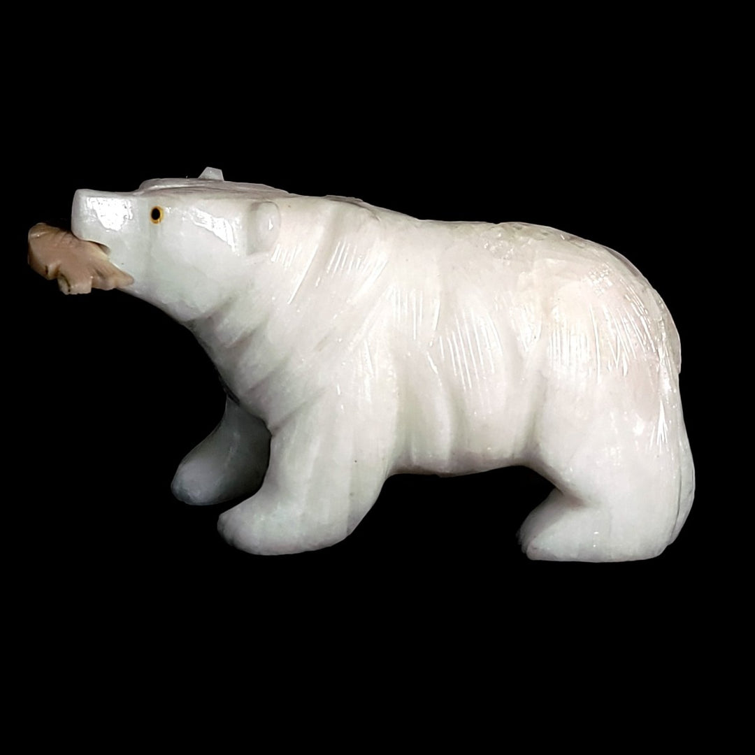 White Bear Crystal Sculpture, Stone Bear Fish Carving, Bear Figurine Cabin Home Decor - Earth Perfection