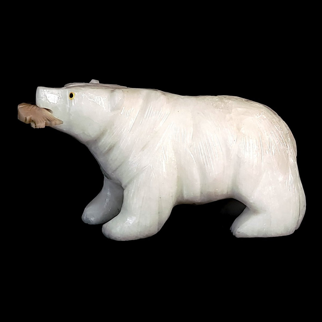 White Bear Crystal Sculpture, Stone Bear Fish Carving, Bear Figurine Cabin Home Decor - Earth Perfection