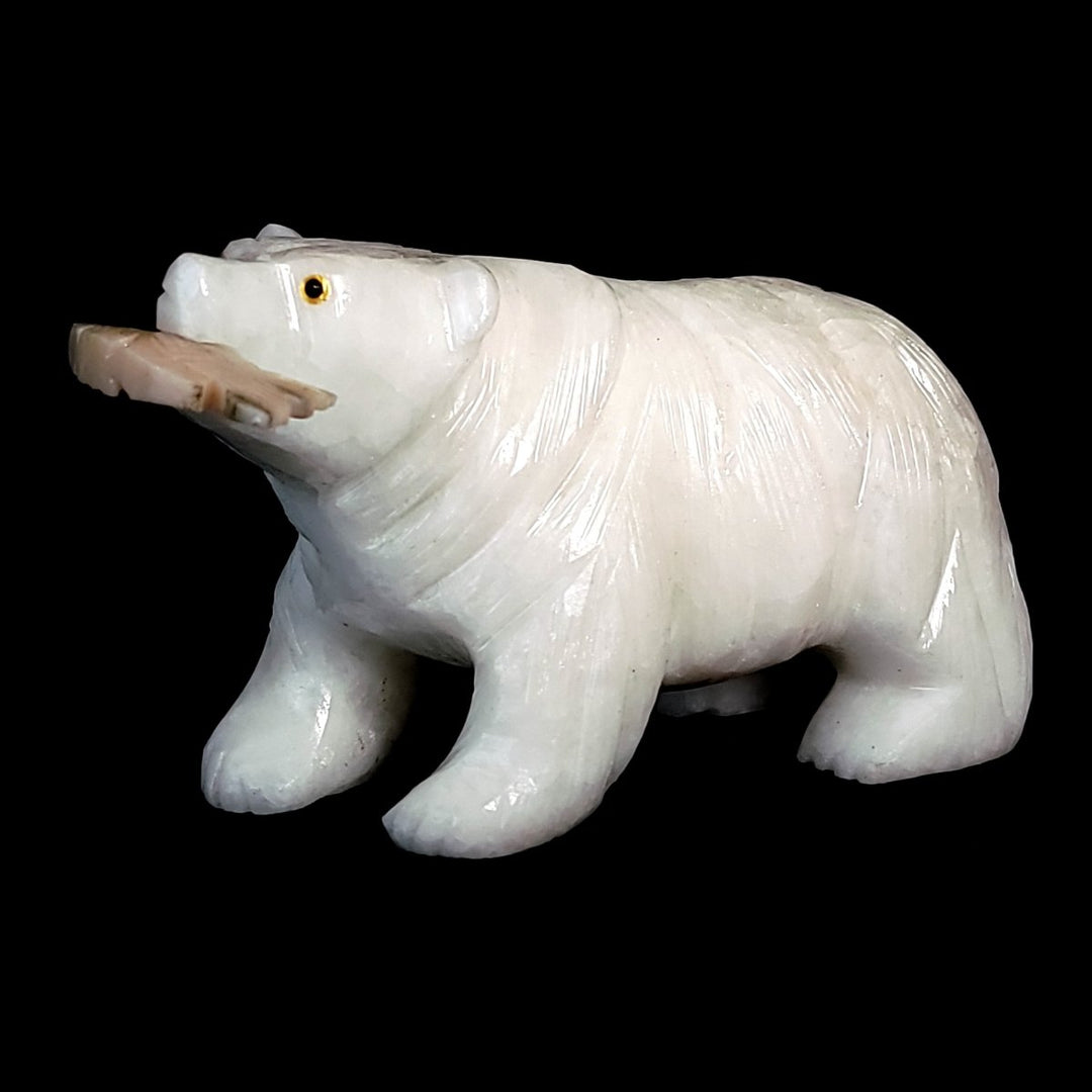 White Bear Crystal Sculpture, Stone Bear Fish Carving, Bear Figurine Cabin Home Decor - Earth Perfection