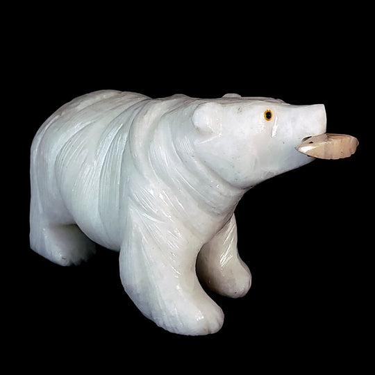 White Bear Crystal Sculpture, Stone Bear Fish Carving, Bear Figurine Cabin Home Decor - Earth Perfection
