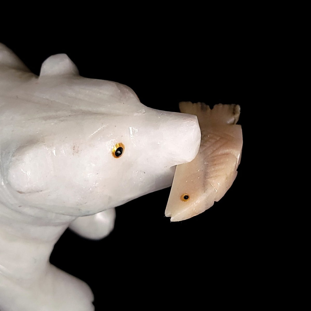 White Bear Crystal Sculpture, Stone Bear Fish Carving, Bear Figurine Cabin Home Decor - Earth Perfection
