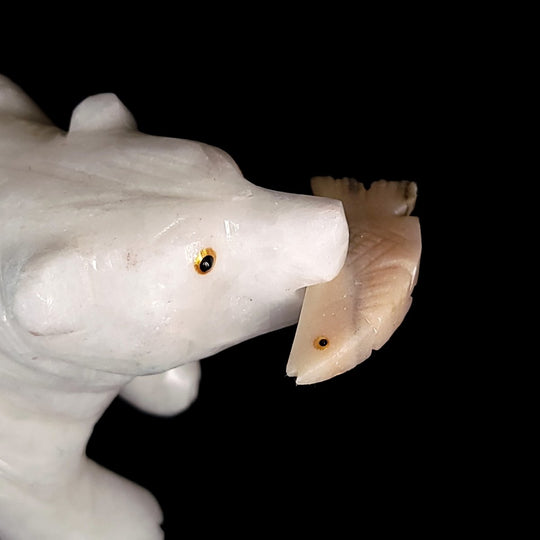White Bear Crystal Sculpture, Stone Bear Fish Carving, Bear Figurine Cabin Home Decor - Earth Perfection