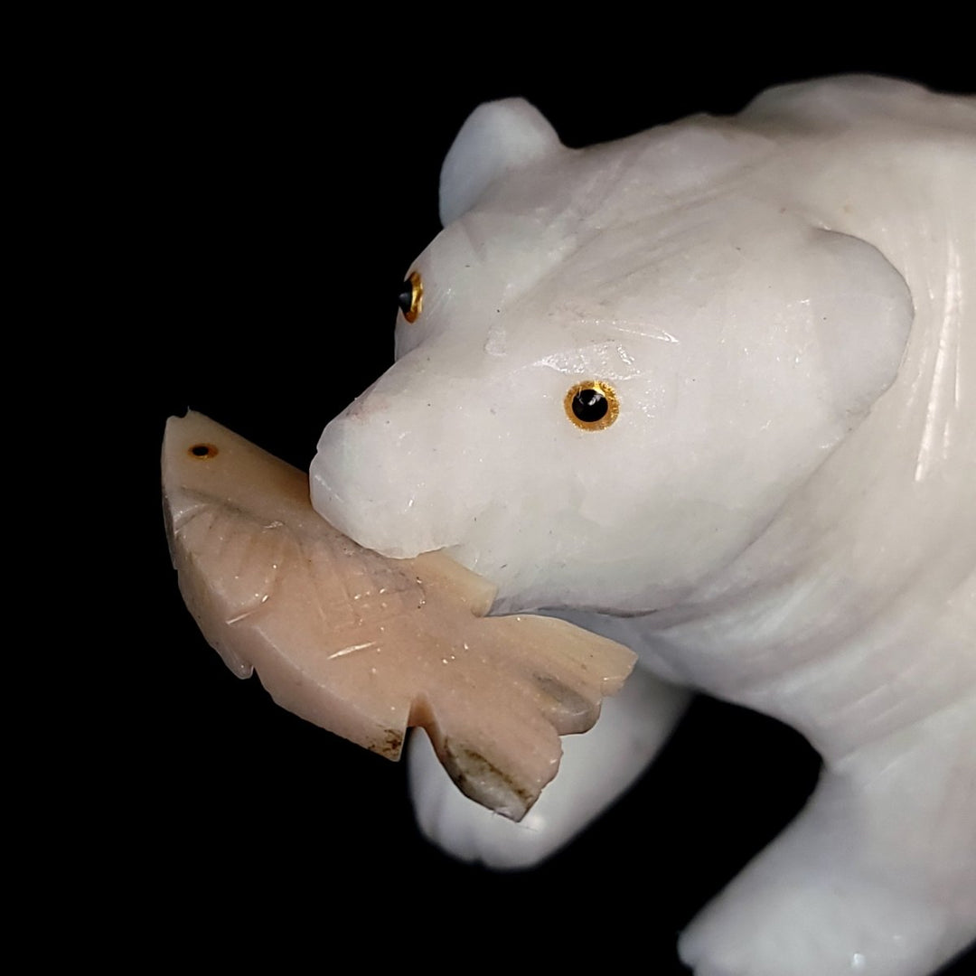 White Bear Crystal Sculpture, Stone Bear Fish Carving, Bear Figurine Cabin Home Decor - Earth Perfection