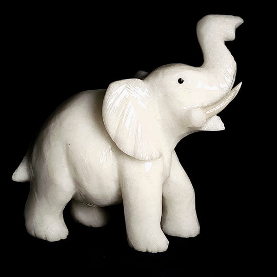 White Calcite Elephant Sculpture, Large 6.5" Hand - Carved Crystal Art Figurine - Earth Perfection