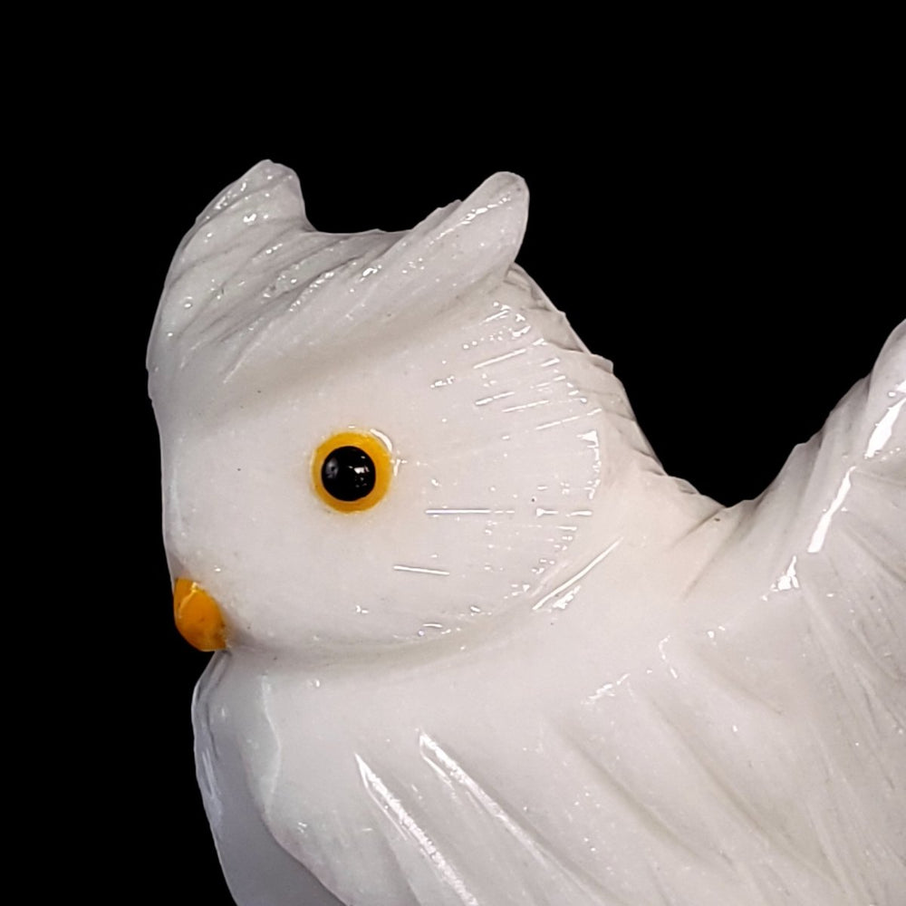White Snowy Owl Carving With Open Wing, Gemstone Owl Crystal Art - Earth Perfection